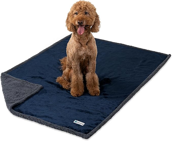 PetAmi Waterproof Dog Blanket for Queen Bed Large XL Dog Throw for Couch Cover Leakproof Furniture Protection, Sherpa Fleece, Reversible Soft Washable 90x90 Navy Gray