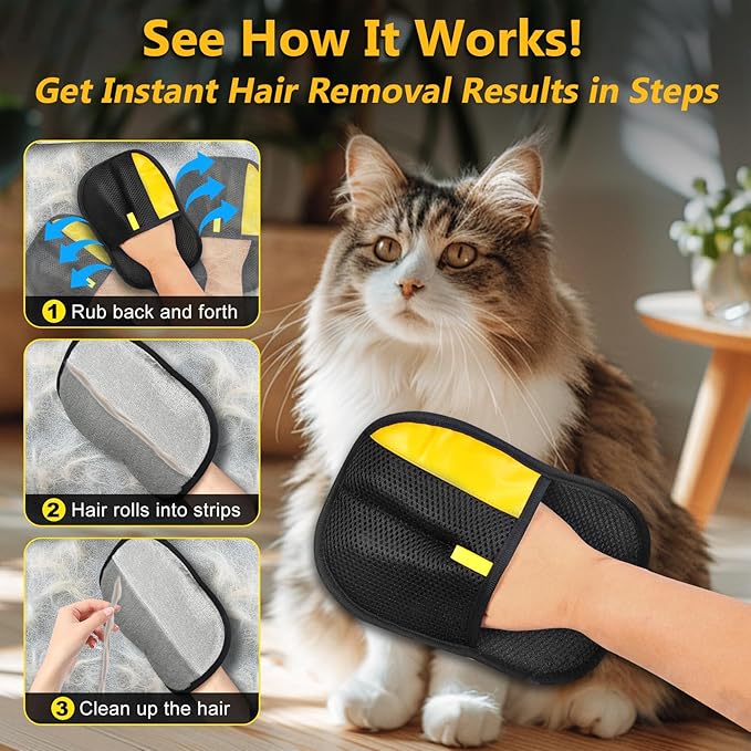 2 Pack Electrostatic Pet Hair Removal Gloves, The Magic Brush Pet Hair Remover Glove for Cats & Dogs, Massage Grooming & Hair Remover, Reusable Hair Removal Tool for Couch, Carpet, Car Seat & Clothing