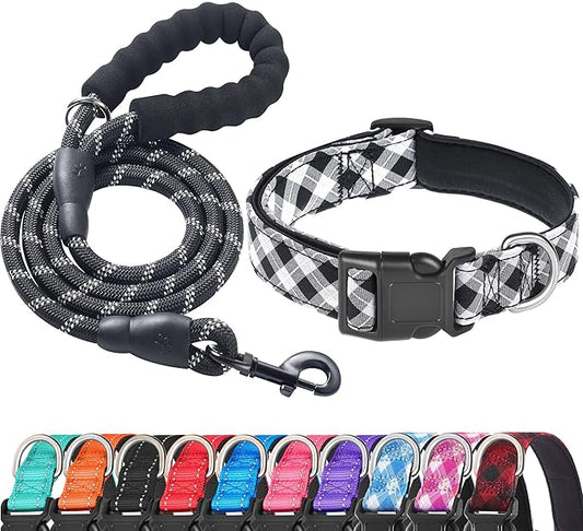 Reflective Dog Collar Padded with Soft Neoprene Breathable Adjustable Nylon Dog Collars for Small Medium Large Dogs (Large (Pack of 1), Black Plaid Collar+Leash)