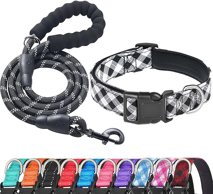 Reflective Dog Collar Padded with Soft Neoprene Breathable Adjustable Nylon Dog Collars for Small Medium Large Dogs (X-Small (Pack of 1), Black Plaid Collar+Leash)