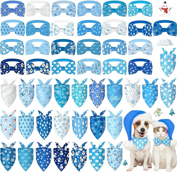 Sanwuta 50 Pcs Winter Dog Bandanas Bulk and Charm Collar Bow Ties Set 25 Snowflake Bandanas for Dogs 25 Snowflake Doggie Collar Triangle Cat Scarf Bowtie for Small Medium Large Pet Winter Costume