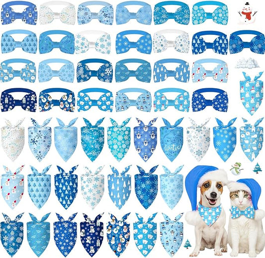 Sanwuta 50 Pcs Winter Dog Bandanas Bulk and Charm Collar Bow Ties Set 25 Snowflake Bandanas for Dogs 25 Snowflake Doggie Collar Triangle Cat Scarf Bowtie for Small Medium Large Pet Winter Costume