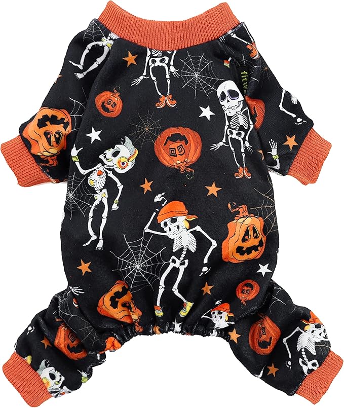 Fitwarm Halloween Skeleton Dog Costume Lightweight Velvet Pajamas Pet Clothes Doggie PJS Puppy Onesie Doggy Outfits Cat Jumpsuits Black XXL