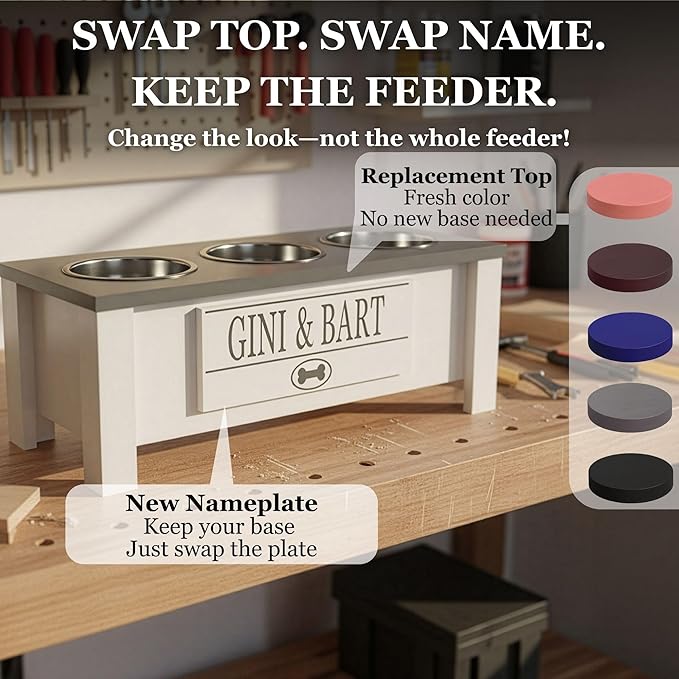 GrooveThis Woodshop - Personalized Elevated Triple Dog Bowl Stand for Large, Medium, Small, X-Small Dogs - 3 Stainless Steel Food and Water Bowls - Raised Dog Dish with Internal Storage (Small, Grey)