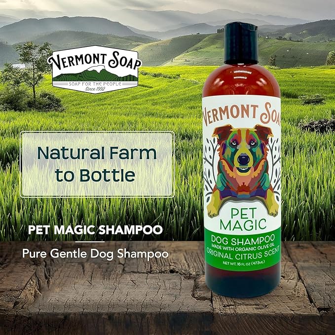 Vermont SOAP Organics Pet Shampoo - Infused with Organic & Natural Olive Oil, Coconut & Aloe Vera Dog Shampoo for Sensitive Skin - USDA Certified Grooming Pet Shampoo - Original Citrus (16oz)