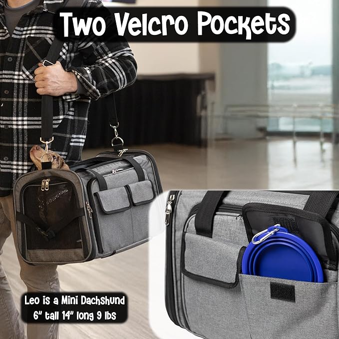 Pet Carrier with Wheels | Delta American Frontier Airline Approved | Two Expandable Sides, Storage Pockets Adjustable Leash | Rolling Dog and Cat Carrier TSA Compliant (Light Grey 17x12.5x11)
