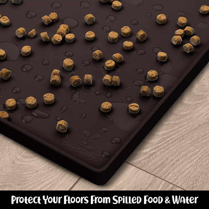 DogBuddy Dog Food Mat – Waterproof Dog Bowl Mat for Food and Water, Silicone Pet Feeding Mats for Floors, Non-Slip Placemat with High Edges for Dogs Bowls, Puppy Essentials (S: 19" x 12", Coffee)