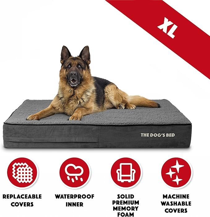The Dog’s Bed Orthopedic Memory Foam Dog Bed, XL Grey Plush, Pain Relief for Arthritis, Hip & Elbow Dysplasia, Post Surgery, Lameness, Supportive, Calming, Waterproof Washable Cover