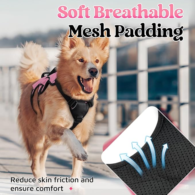rabbitgoo Escape Proof Dog Harness Medium, Soft Padded Full Body Pet Harness, Reflective Adjustable No Pull Vest with Lift Handle and Leash Clip for Walking Hiking Training, Light Pink, M