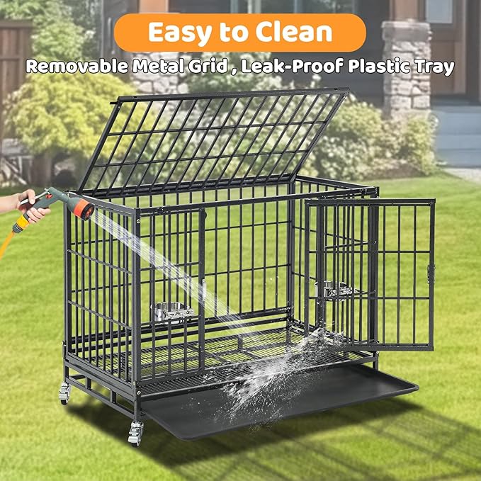 Homey Pet 37 inch Stackable Heavy Duty Dog Crate, Indestructible Escape Proof Dogs Cage Kennel with Lockable Wheels, Removable Tray & Metal Grid, Double Doors for High Anxiety Medium/Small Dogs