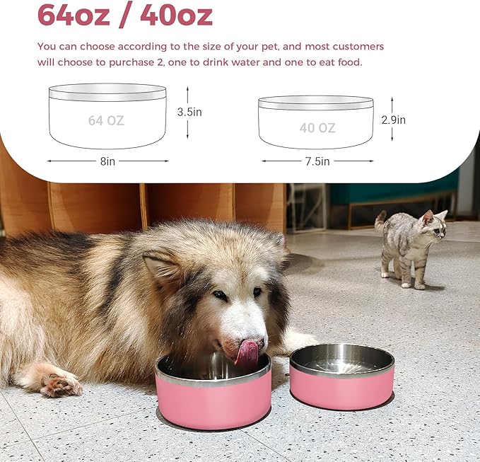 Dog Bowl, Stainless Steel Dog Food and Water Bowl with Non Slip Quiet Bottom, Easy to Clean, Dishwasher Safe, 64oz, Pink