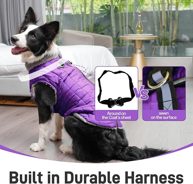 Warm Fleece Dog Coats with Durable Harness Buitl in D-Ring,Waterproof Doggie Jacket for Large Dogs,Dog Vest for Cold Winter,Purple XXXL