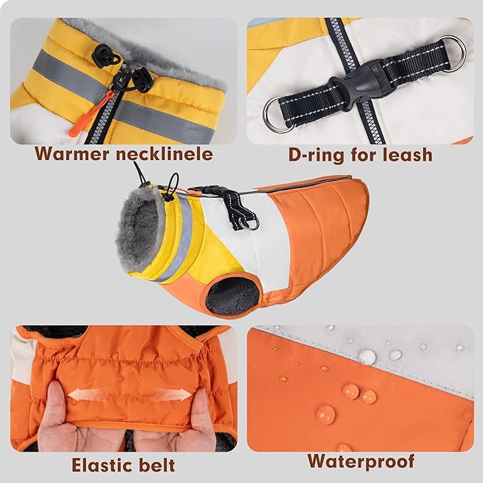azuza Dog Coats for Large Dogs Waterproof Dog Coat with Reflective Strips and Harness Built in Warm Fleece Dogs Winter Coat Windproof with Back Zipper, Orange 3XL