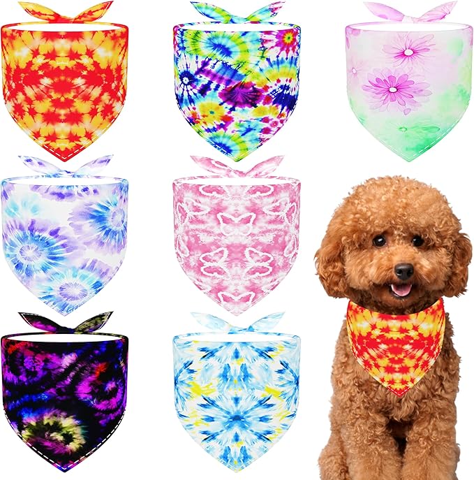 7 PCS Tie Dye Dog Bandanas for Small Dogs Stitching Edge Dog Bandanas for Puppy Doggy Print One Side Scarves Party Grooming S