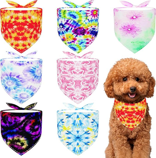 7 PCS Tie Dye Dog Bandanas for Small Dogs Stitching Edge Dog Bandanas for Puppy Doggy Print One Side Scarves Party Grooming S