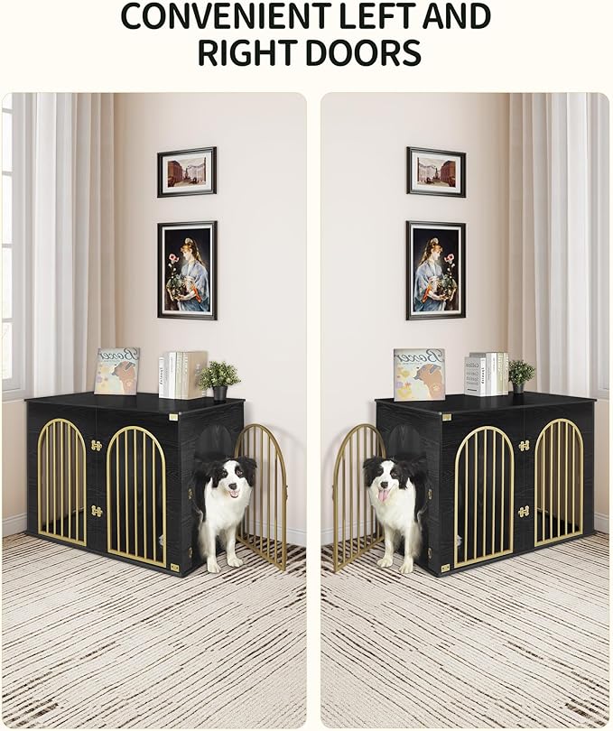 44.1" Wooden Dog Crate Furniture, Indoor Dog Kennel Dogs Cage for Small/Medium/Large Dogs, Heavy Duty Dog Crates Decorative Pet House End Side Table TV Stand, Black Gold DFC83904A