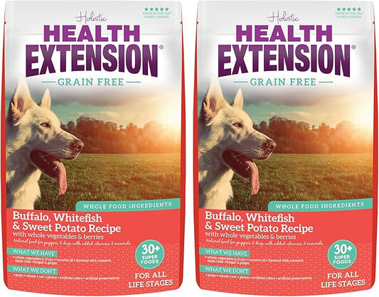 Health Extension Grain Free Buffalo & Whitefish Dry Dog Food (4 lb / 1.81 kg) - Whole Foods Ingredients Formula with Omega 3 & Antioxidants for All Life Stages Dogs (Pack of 2)