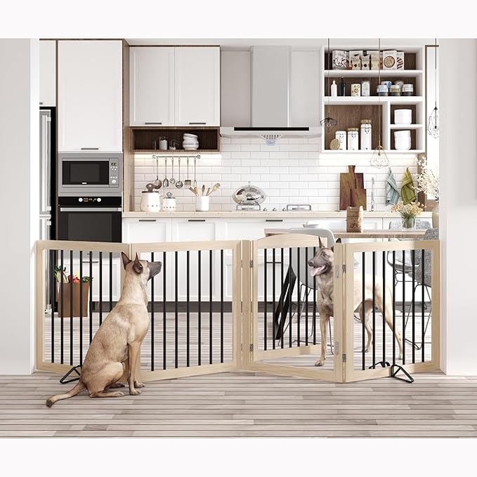 Vantas Folding Pet Gate 96" Wide, 30" Tall No-Assembly Wooden Dog Gate with Door Walk Through, Freestanding Pet Gate, Puppy Safety Fence, with 2PCS Support - Natural White