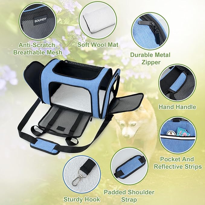 Soundy Large Cat Carrier Dog Carrier Under 25 Lbs,Collapsible Ventilated Portable Pet Bag with Soft Sided Breathable Mesh for Long Car Trips Maxi Load 2 Kittens or Small, Medium Dog (Large Blue)