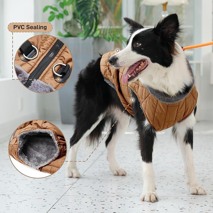 Warm Fleece Dog Coats with Durable Harness Buitl in D-Ring,Waterproof Doggie Jacket for Medium Dogs,Dog Vest for Cold Winter,Burnished Khaki L