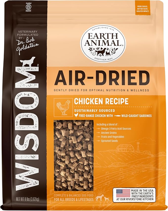 Earth Animal Wisdom Air Dried Dog Food | Chicken Recipe Premium Natural Dog Food | All Breeds & Ages | Made in The USA | 8 Pound Bag