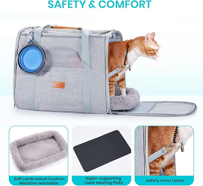Morpilot Portable Cat Carrier - Soft Sided Cat Carrier for Medium Cats and Puppy up to 15lbs, Pet Carrier with Locking Safety Zippers, Foldable Bowl, Airline Approved Travel Dog Carrier - Light Gray
