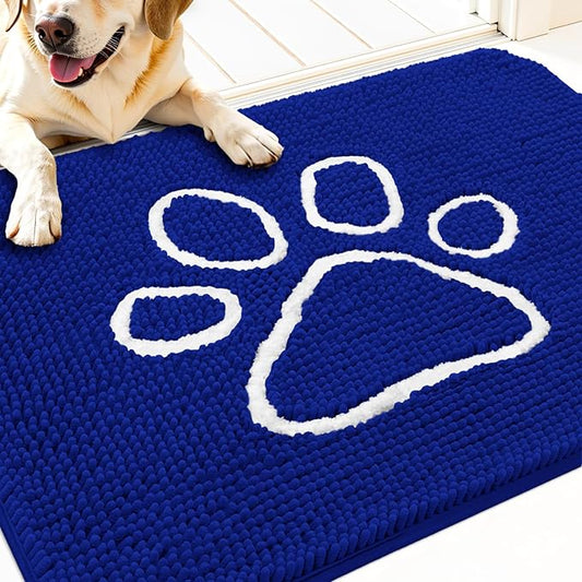 OLANLY Dog Door Mat for Muddy Paws 30x20, Paw Print Design, Absorbs Moisture and Dirt, Non-Slip Washable Doormat, Quick Dry Chenille Mud Mat for Dogs, Entry Indoor Entryway Carpet, Royal Blue