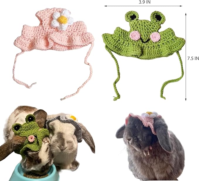 2Pcs Cute Knitted Rabbit Hat, Funny Bunny Hats for Pet Rabbits Large Guinea Pig Small Dog Cat Pet Bunny Costume for Birthday Party Christmas Halloween Easter Travel Accessories (Frog and Flower)