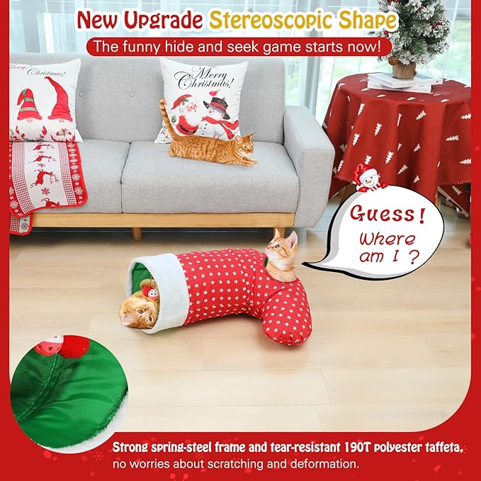 Pawaboo Cat Tunnel Christmas Sock with Bell Balls, Upgraded 2 Way Cat Tunnel Interactive Toy for Christmas, Pet Xmas Stocking with Crinkle Paper & Strong Spring-Steel Frame for Cat Kitten Kitty, Red