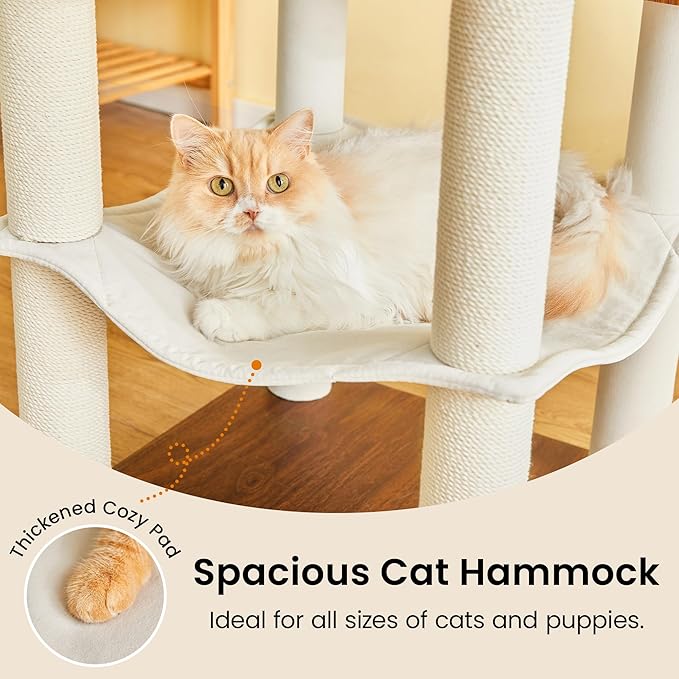 Modern Cat Tree - 64 inch Cat Tower for Indoor Cats, Multi-Level Cat Condo with 7 Fully Wrapped Scratching Posts, 2 Perches, Hammock, Removable Pad & Dangling Balls-Walnut Brown
