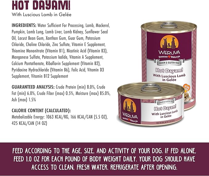 Weruva Classic Dog Food, Hot Dayam! with Lamb in Gelée, 5.5oz Can (Pack of 24)