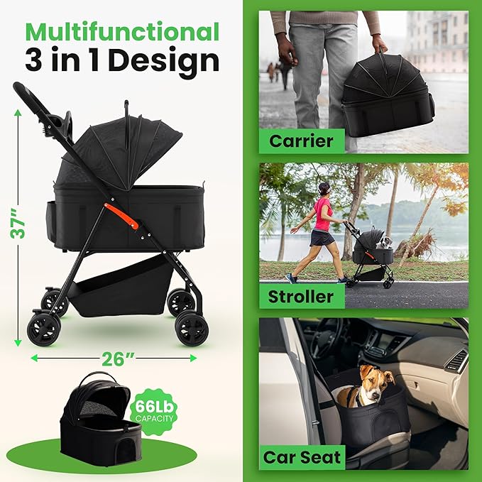 Pet Stroller 3 in 1 Foldable Dog Stroller, Cat Strollers, Foldable pet Strollers & Cat Carrier, Pet Carrier, Lightweight with Cup Holder, Waterproof Max Load 66 lbs, Breathable Mesh Canopy