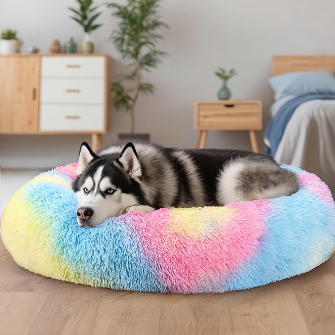 Extra Large Dog Beds, 36 Inch Human Dog Anxiety Relief Squishmallow Comfort Bed, Indestructible & Chew Proof Pet Beds (Rainbow)