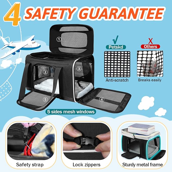 Petskd Top-Expandable Pet Carrier with Wheels 18x13x9.5 Inches Southwest Airline Approved, Soft-Sided Carrier for Small Cats Dogs with Locking Safety Zippers and Anti-Scratch Mesh(Black)