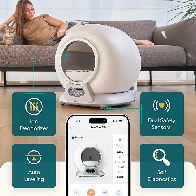 PetCove Self Cleaning Automatic Litter Box for Multi cat - XL Capacity/Quiet Operation/Odor Control/Anti-Pinch Safety/Easy App Control with Ultra Fast 5 GHz Wi-Fi - Includes Litter Bag Liners