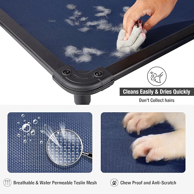 Veehoo Chew Proof Elevated Dog Bed - Cooling Raised Pet Cot - Rustless Aluminum Frame and Durable Textilene Mesh, Unique Designed No-Slip Feet for Indoor or Outdoor Use, Blue, Large, CWC2002