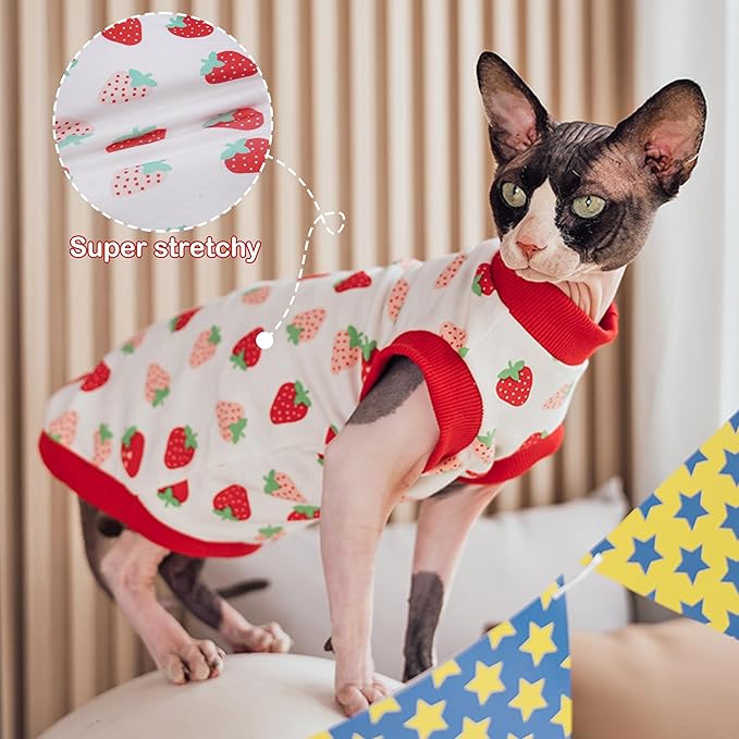 PUMYPOREITY Sphynx Cat Clothes: Stretchy Sweater, Soft Hairless Shirt, Pullover Pajamas, Turtleneck for Cornish Rex, Devon Rex - Red, S
