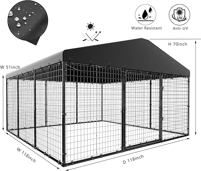 Dog Kennel Outdoor, 10x10x6 FT Heavy Duty Dog Pens Outside with UV & Water Resistant Roof, Large Dog Fence for Yard Metal Chicken Run with Double Locks