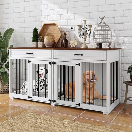 64.6" Furniture Dog Crate, Heavy Duty Wooden Dog Cage Furniture, Indoor Dog Kennel with Drawers & Removable Divider, Luxury Dog House with Double Rooms for Small Medium Breed Dogs, White