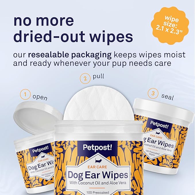 Petpost | Dog Ear Cleaner Wipes - Ultra Soft Cotton Pads in Coconut Oil Aloe Solution - Dog Ear Rinse & Cleanser 100 ct.