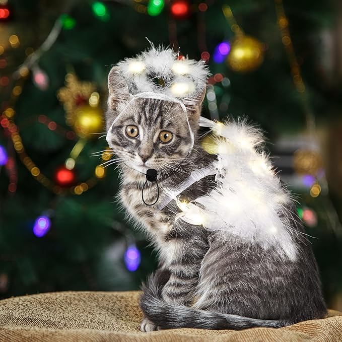 Pet Cat Angel Costume Dog Christmas Dog Costumes Light up Angel Wings for Cats and Headbands Sets with LED Lights White Pet Cat Clothes for Halloween Special Events Party Supplies