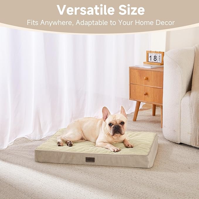 OhGeni Orthopedic Waterproof & Machine Washable Dog Bed for Small Medium Pets, Suitable for Crates, Cat Mat with 25D Egg Crate Foam, Removable Cover, 30 Inches(Khaki)