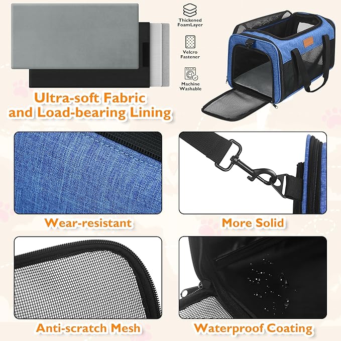 PETUX TSA Approved Pet Carrier in Cabin, 17"x11"x9.5" Soft Cat Carriers for Small Cat up to 12 lb, Top-Open Portable and Breathable Pet Carrier Airline Approved for Travel and Vet Visit, Blue