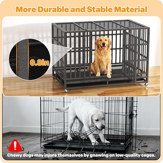 Heavy Duty Indestructible Dog Crate 48 Inch with Removable Tray, Sizes & Colors Optional, Escape Proof Double Door High Anxiety Cage Indoor, Kennel with Wheels for Large Dogs, XL XXL XXL