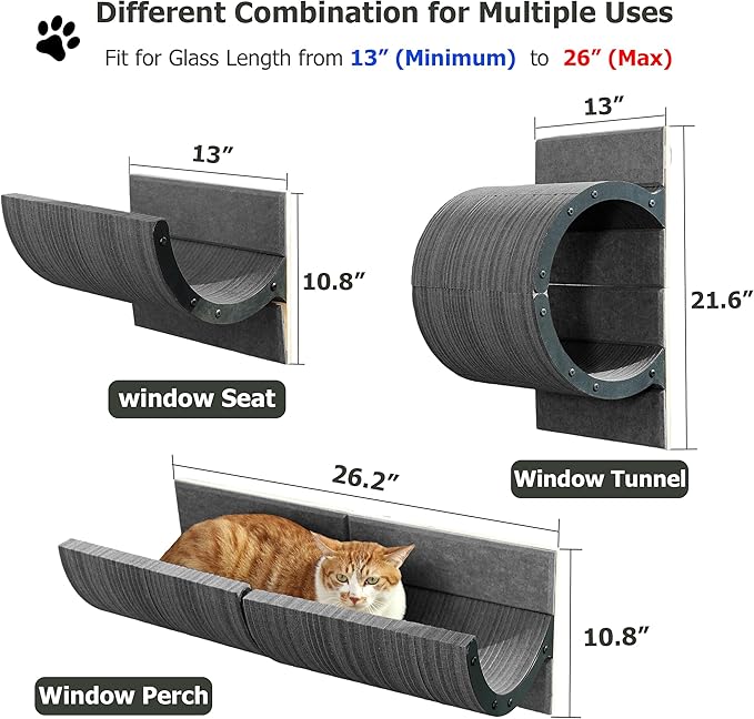 Cat Window Perch for Indoor Cats,Multiple Uses as Window Seat,Condo & Shelves,Scratchable Suction Cups Window Cat Bed for Hiding,Naping and Overlooking(Grey)