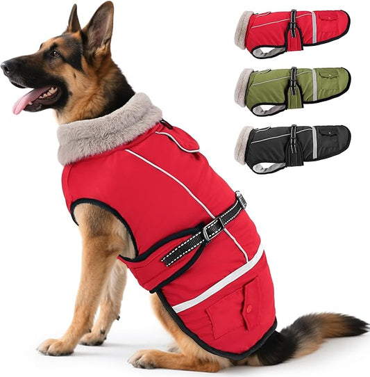 Dog Coat, Warm Dog Winter Coat Reflective Jacket Waterproof Fleece Vest, Pet Jacket Cozy for Cold Weather, Dogs Snowsuit Windproof, Adjustable Buckle for Large Dogs
