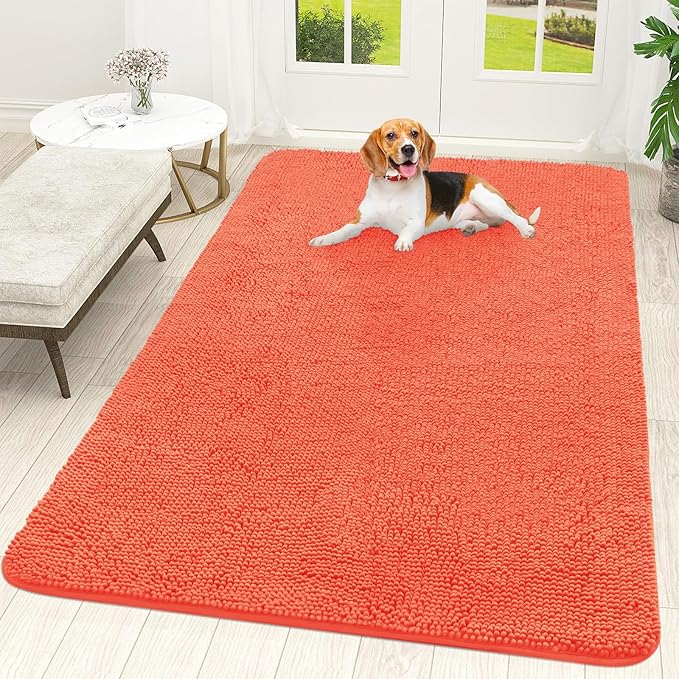 OLANLY Dog Door Mat for Muddy Paws 70x46, Absorbs Moisture and Dirt, Absorbent Non-Slip Washable Doormat, Quick Dry Chenille Mud Mat for Dogs, Entry Indoor Entryway Carpet for Inside Floor, Coral
