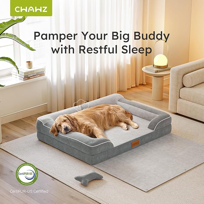 XXL Dog Beds for Extra Large Dogs, Giant Orthopedic Dog Sofa with Cooling Gel Memory Foam, Waterproof Pet Bed with Removable Washable Cover, 53" Pet Sofa Couch Dutch Velvet with Blanket Bone Toy