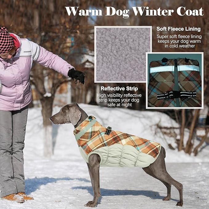 Lelepet Warm Dog Winter Coat Dog Coats for Small Dogs Waterproof Dogs Jacket with Harness Built in Reflective Cold Weather Coats Windproof Zip-Up Winter Fleece Vest Snowsuit Chihuahua Brown Plaid