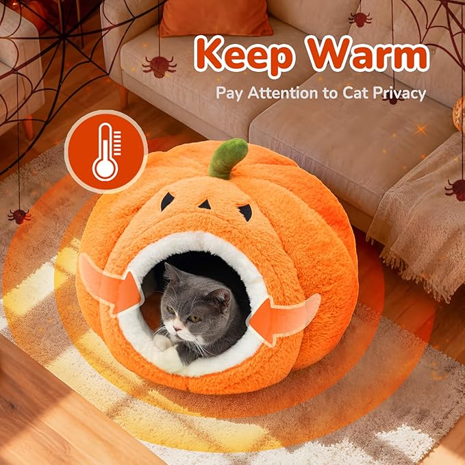 CATISM Halloween Cat Bed - Cat Bed for Indoor Cats, Cute Pumpkin Cat Beds with Warm Cushions Removable Cave with Non-Slip Bottom